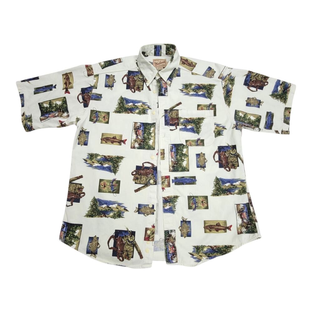 Vintage Woolrich Fly Fishing Shirt Mens Large Made in USA AOP Trout Button Up